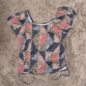 Cato Blue and‎ Pink Graphic Tie Front Cap Sleeve Blouse